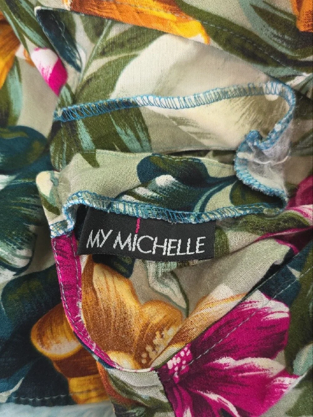 My‎ Michelle Tropical Floral Maxi Dress in Green w/Pink & Yellow Accents No tags